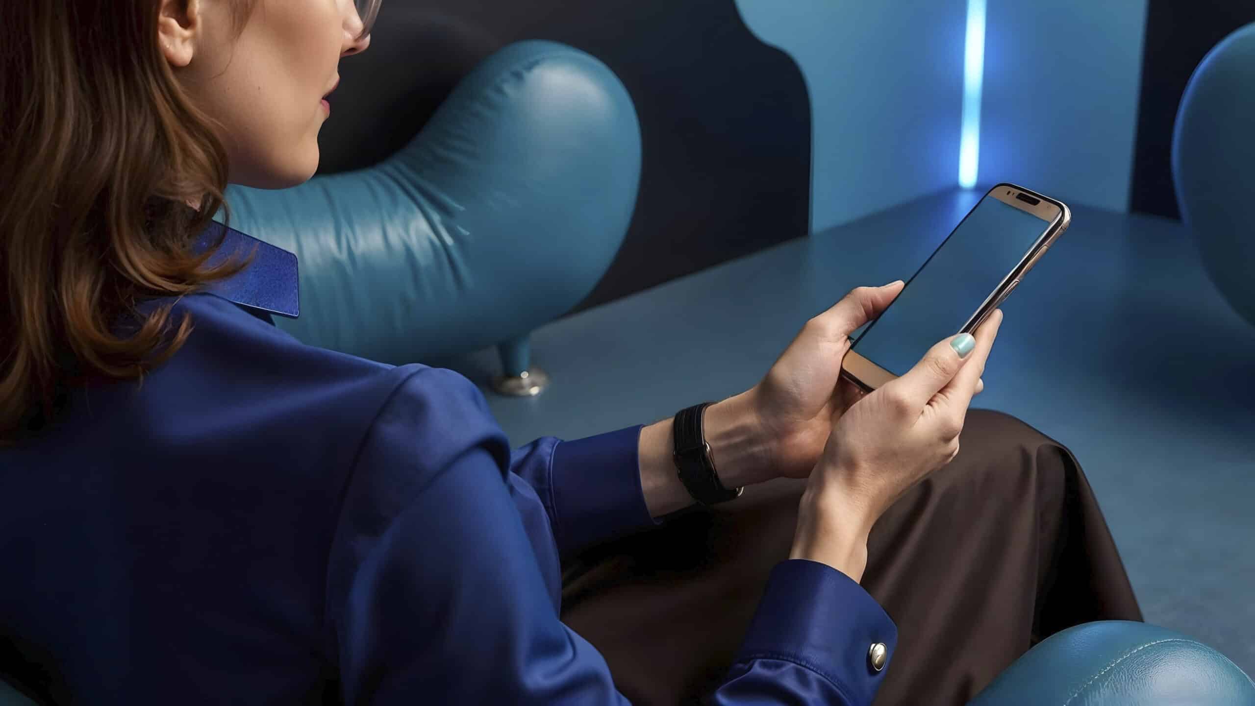 Mulher usando o celular Power Apps