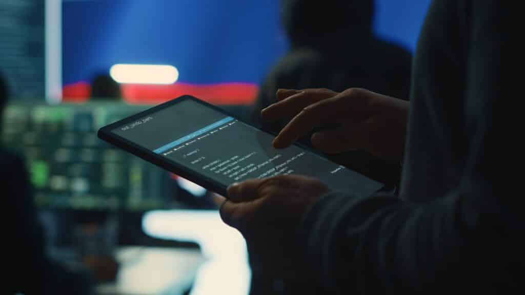 CRM ERP - Pessoa utilizando tablet com interface digital em ambiente tecnológico, representando integração de sistemas e gestão de dados empresariais.