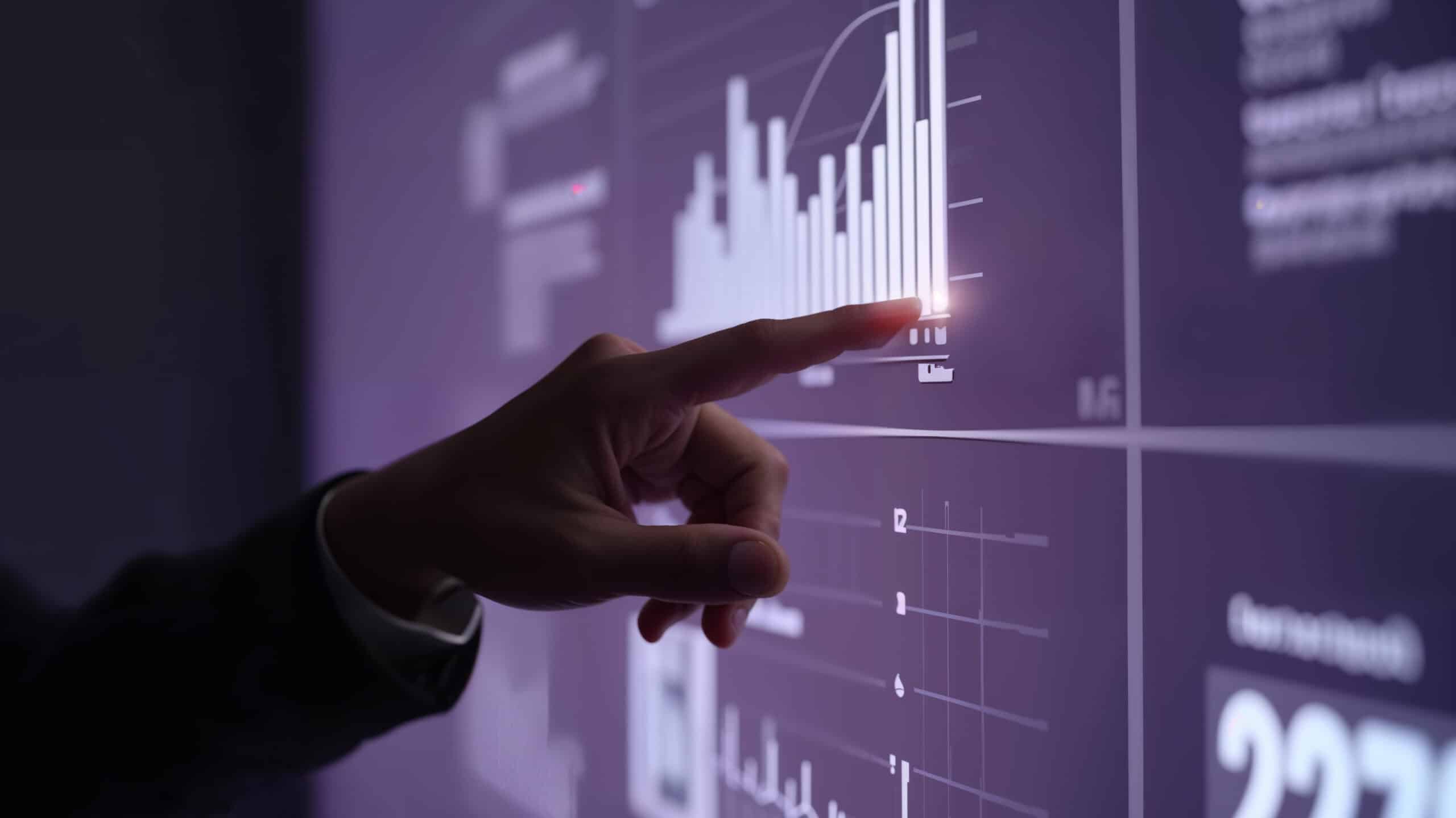 CRM ERP - Mão interagindo com dashboard digital de indicadores, representando análise de dados, performance e tomada de decisão empresarial.