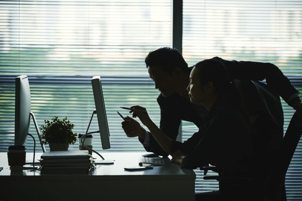 people in shadow mode point at a computer screen