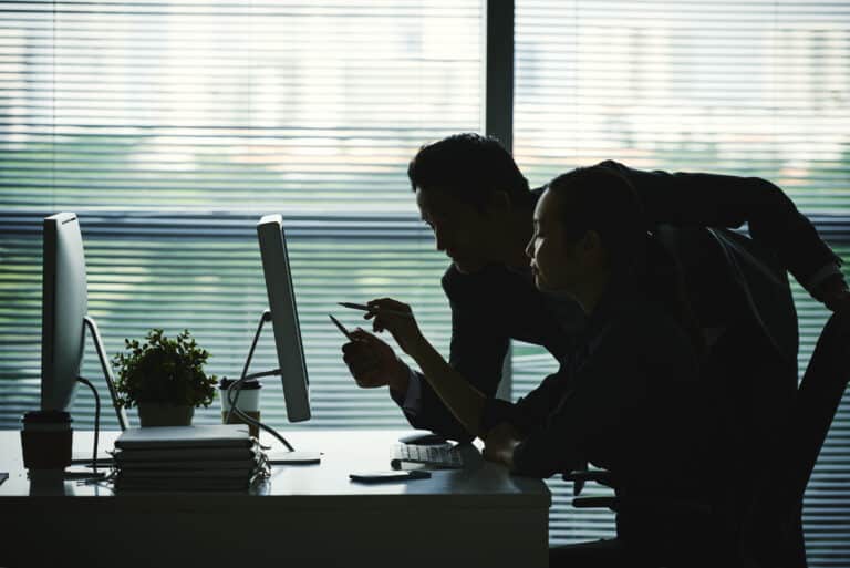 people in shadow mode point at a computer screen