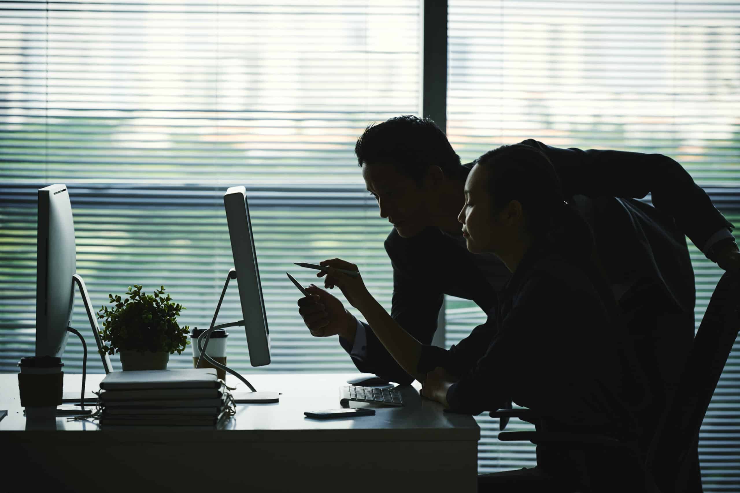 people in shadow mode point at a computer screen