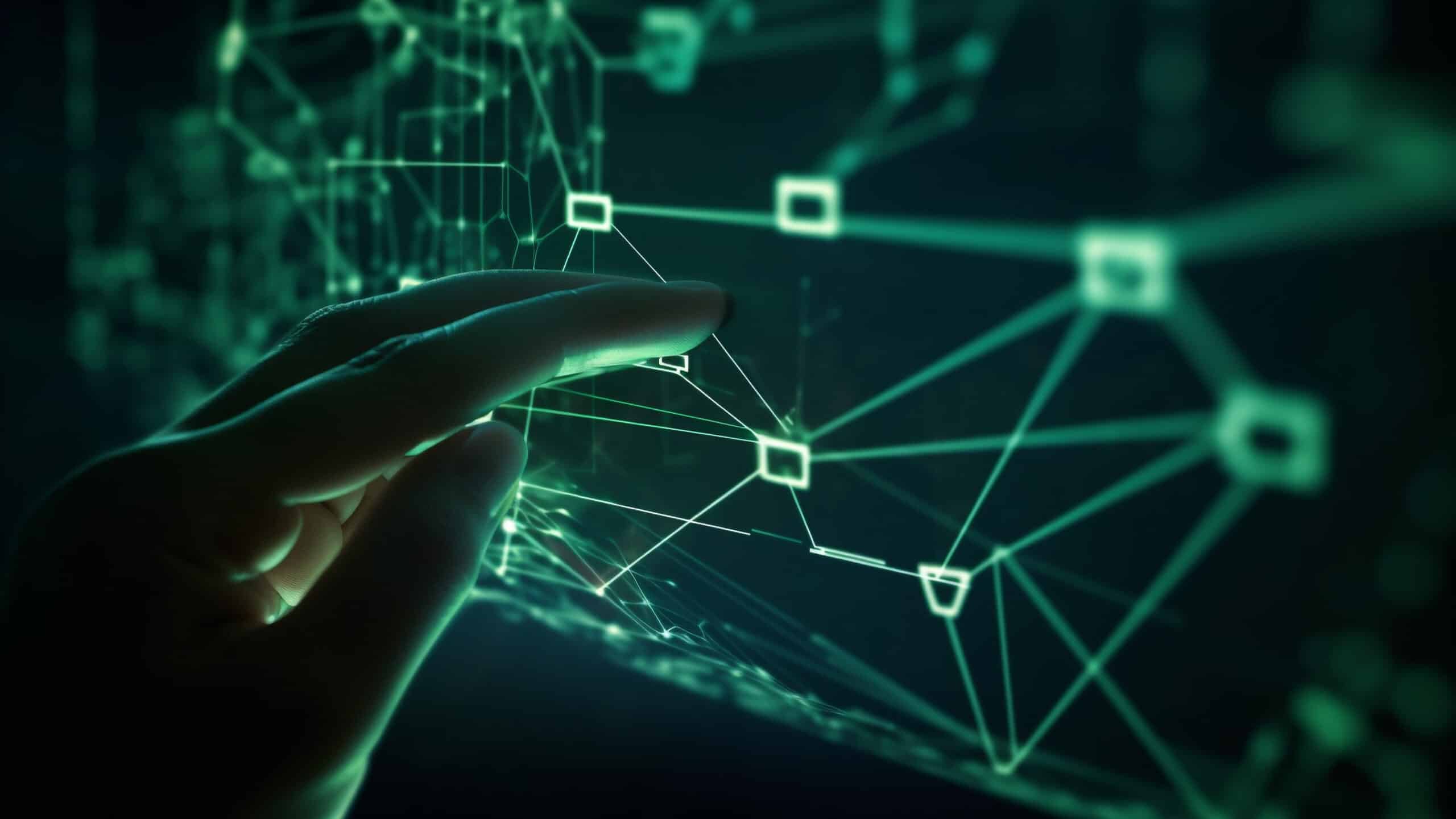 experiência do cliente- Mão interagindo com rede digital conectada, simbolizando integração de sistemas, dados e processos empresariais.